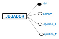 Se representa la clave primaria de la entidad JUGADOR mediante un círculo negro junto a la palabra dni. Además a parecen tres atributos más junto a tres círculos blancos. Todos los círculos se conectan al rectángulo de la entidad.