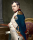 Retrato de Napoleón Bonaparte. Napoleón de perfil aparece en su despacho con el uniforme de gala azul y blanco y su mano derecha introducida en la casaca.