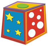 Ilustración de una caja con forma de cubo y adornada cada cara con diferentes figuras y colores.