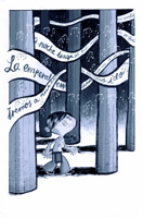 Ilustración en la que se representa un chico rodeado de muchas columnas y una tira de papel con algún texto se extiende por entre todas las columnas.