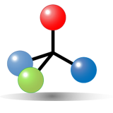 Cuatro esferas de colores unidas en forma de árbol colgando de una de ellas.