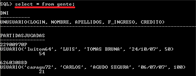 Captura de pantalla de la línea de comandos con el resultado de una sentencia select sobre una tabla con columnas de objetos.