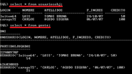 Captura de pantalla de la línea de comandos con el resultado de dos sentencias select sobre una tabla de objetos y otra tabla con columnas de objetos.