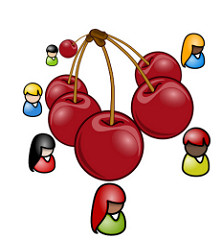 Ilustración de un racimo de cerezas, y al lado de cada una, un icono de usuario diferente.