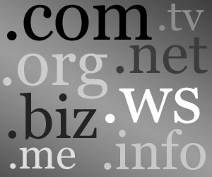 Se ven a diversos tamaños los siguientes dominios de Internet de nivel superior: .com, .tv,.org,.net,.biz,.ws,.me,.info