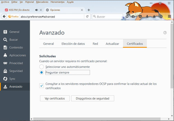 Captura de pantalla del navegador Firefox 47.0, con el menú Herramientas - Opciones - Avanzado abierto. En la ventana se ha seleccionado la pestaña Certificados y se ve el botón Ver certificados. 