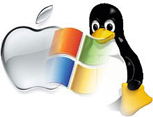 Imagen con los logotipos de los tres sistemas operativos: la manzana de Apple para  MacOS, la ventana ondulante con los cuatro rectángulos de diferentes colores para Microsoft Windows, y el pingüino para Linux. 