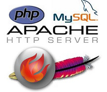 montaje con los logotipos de PHP (siglas en una elipse violeta) MySQL (siglas con la silueta de un delfín al final) y Apache http Server (ese texto encima de una pluma roja con la punta amarilla, sobre la que hay un círculo con una llama.