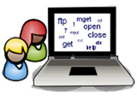 Se ven 2 figuras representando 2 usuarios a la izquierda de un portátil y en la pantalla del mismo aparecen representados en distintos tamaños y posiciones comandos ftp.