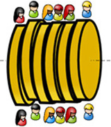 Se ve trozeado, en 6 rebanadas, un disco duro en posición horizontal con su eje representado. En cada rebanada, encima y debajo, aparece la misma figura. Las figuras que aparecen son usuarios sin rostro y de medio cuerpo, similares a bolos.
