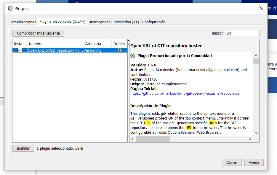 Captura de pantalla donde se muestra uno de los pasos del proceso de adición de módulos y plugins en NetBeans de NetBeans 6.9.1. 