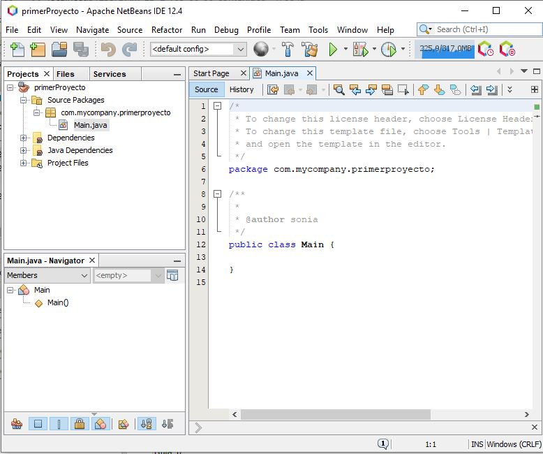 Aspecto del IDE NetBeans con un proyecto de Java