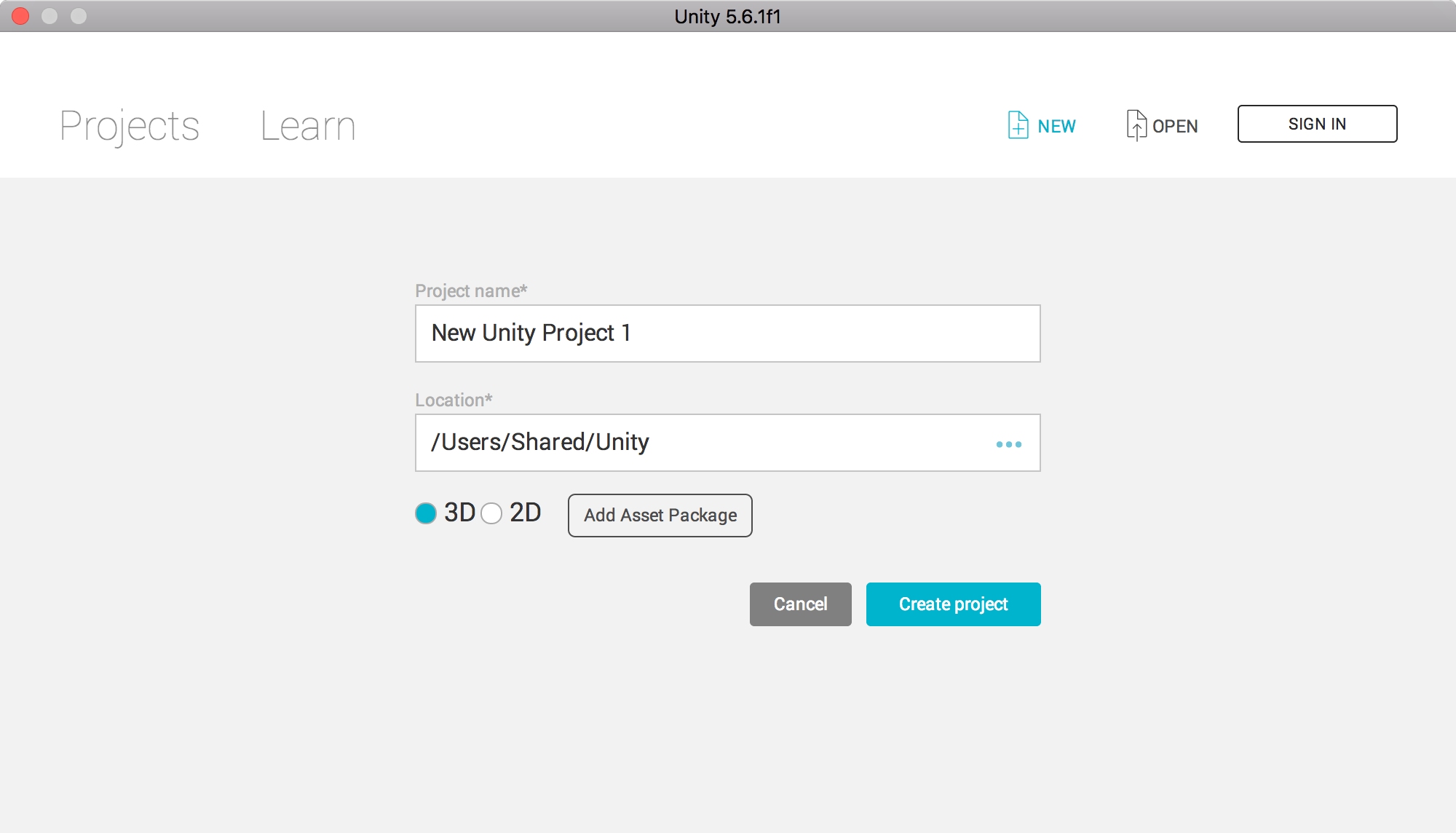 Pantalla de configuración de un proyecto nuevo en Unity.