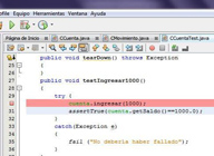 Imagen que muestra una pequeña porción de código Java, donde se ha insertado un punto de ruptura para llevar a cabo la depuración.