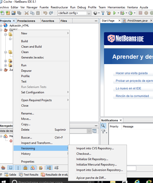 Captura de pantalla de NetBeans donde se aprecia la selección del menú contextual de Control de Versiones. En este menú se encuentra resaltada la opción “Importar al depósito CVS”.