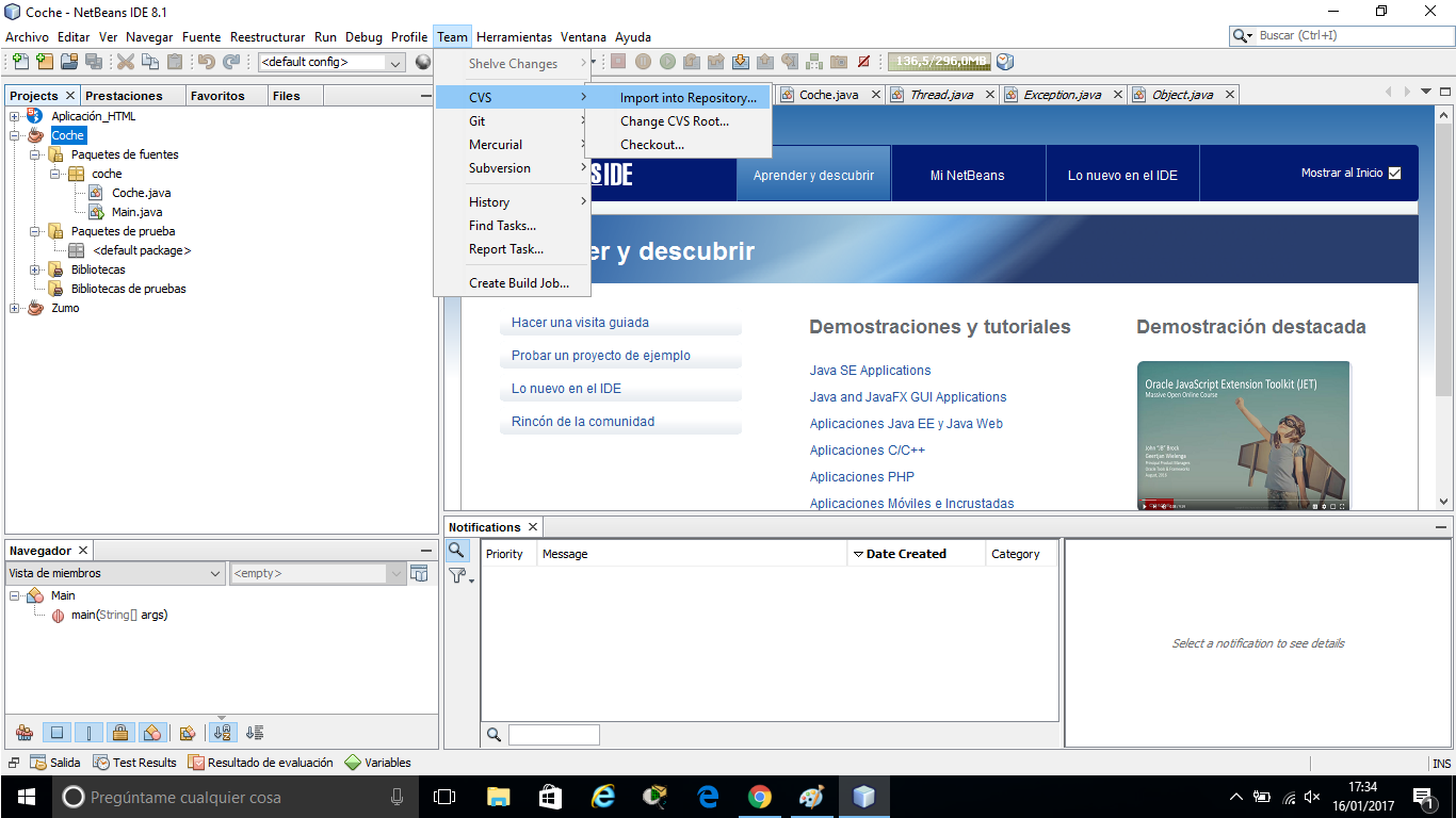 Captura de pantalla del formulario de NetBeans, donde se puede importar una carpeta del repositoro CVS al proyecto que se desarrolla en NetBeans.
