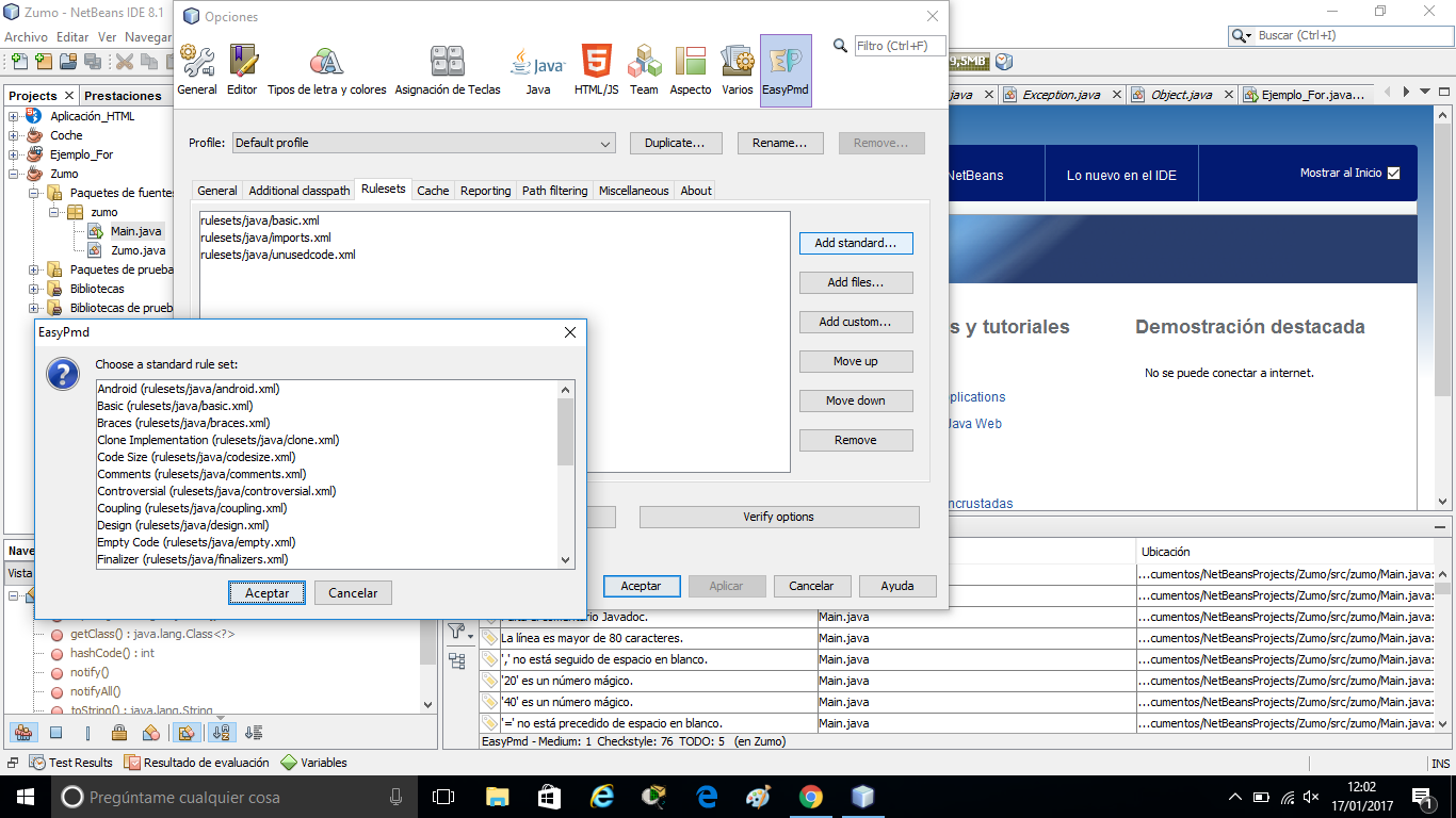Captura de pantalla que muestra la pestaña de configuración del complemento easyPMD dentro del entorno de desarrollo NetBeans. Se puede observar la configuración de reglas y el conjunto de reglas.