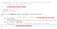 Captura de pantalla donde se muestran el código de una aplicación Java, donde aperecen resaltados los tipos de comentarios que puede tener: comentarios Javadoc, comentarios de una línea y comentario multilínea.