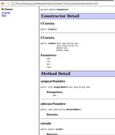 Captura de pantalla que muestra el resultado de documentar una clase con JavaDoc. Aparece el constructor de la clase documentado, y varios métodos de la misma clase.