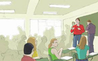 Ilustración con una representación de una clase en la universidad con los alumnos y el profesor.