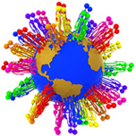 Representación del planeta con muchos muñecos de colores sobre los distintos países.