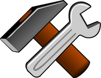Ilustración de un martillo y una llave fija, formando una especie de aspa con sus mangos.