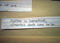 En la imagen se muestra un recorte de papel en el que se puede leer en inglés: “La sintaxis es jerárquica, la semántica no