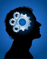 Silueta del perfil de un hombre, dentro de la zona de la cabeza aparecen ruedas dentadas a modo de mecanismo. Todo sobre fondo azul oscuro.