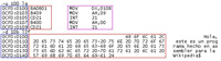 Fragmento de código escrito en ensamblador con su equivalente en hexadecimal y las direcciones de memoria donde está alojado. En color rojo se ha resaltado el código máquina en hexadecimal, en magenta el código escrito en ensamblador y en azul, las direcciones de memoria donde se encuentra el código.