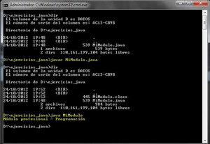 Captura de pantalla de la consola de comandos de windows en la que se ve la compilación y la ejecución de un programa Java en el que la salida contiene caracteres acentuados que se muestran correctamente. 