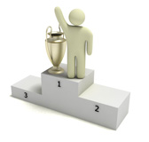 Una figura aparece en el primer puesto de un podium, junto a un trofeo.