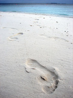 Sobre la areana de una playa de Maldivas, pueden verse varias huellas caminando hacia nosotros. Al fondo las aguas cristalinas del mar.