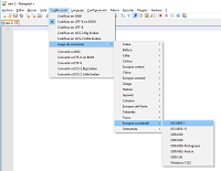 Captura de pantalla donde se ve cómo se elige el juego de caracteres Adecuado en el editor de texto Notepad++. (Menú Codificación - Juego de caracteres - Europa Occidental - ISO 8859-1)