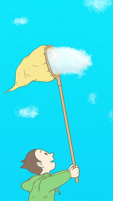 Ilustración de un niño capturando una nube con un cazamariposas.