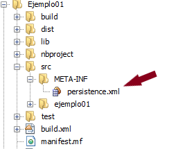 Imagen que muestra la estructura de carpetas de un proyecto NetBeans, y en cual de ellas está el archivo persistence.xml. En la imagen se ve cómo el archivo persistence.xml aparece dentro de la carpeta META-INF que está en la carpeta src.