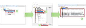 Imagen que ilustra el proceso de incorporación de EclipseLink a un proyecto NetBeans. En primer lugar la imagen indica que hay que seleccionar la opción añadir librería, después, se muestra como se selecciona la librería EclipseLink y se pulsa el botón añadir. Posteriormente, aparecen todos los archivos jar necesarios en la lista de archivos.