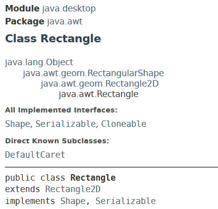Cabecera de la clase Rectangle de la documentación javadoc de la API de Java
