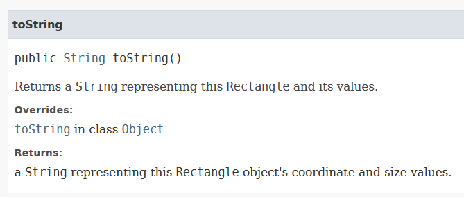 Descripción del método toString de la clase Rectangle en la documentación javadoc de la API de Java