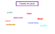 Imagen con el título Clases en Java y las siguientes palabras escritas con distinta tipografía y color: public, abstract, class, implements, final y extends.