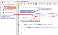 En la imagen se muestra una pantalla del entorno integrado Netbeans. En la parte izquierda aparece el contenido del proyecto donde se incluye la clase Bienvenida. En la parte derecha aparece el código de la clase Bienvenida, que se encuentra incluida dentro del paquete ejemplos y que tiene un meodo main() que muestra por pantalla el mensaje “Bienvenido a Java”.
