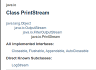 Imagen que muestra la parte de la Biblioteca de clases de Java donde aparece la clase PrintStream contenida dentro del paquete java.io