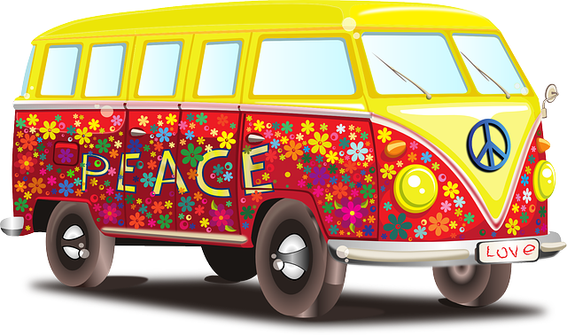 Ilustración de una furgoneta wolksvagen pintada con muchas flores y con el símbolo de la paz