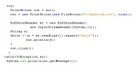 Código Java donde se leen líneas de caracteres de la entrada, hasta que se teclee la palabra salir.Se incluye en archivo enlazado bajo la imagen.