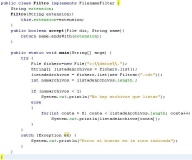 Imagen del código Java para filtrar ficheros en una carpeta llamada datos, del disco duro.