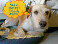 Imagen que muestra un perro tumbado, con cara pensativa, con un bocadillo de cómic que dice “Aquí un experto en XML... ¿lo dudabas?”