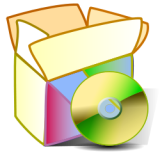 Un paquete software representado por una caja y un DVD.