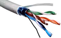 Cable de par trenzado tipo FTP, donde se aprecian los distintos colores y los pares trenzados correspondientes, además del apantallamiento del cable.