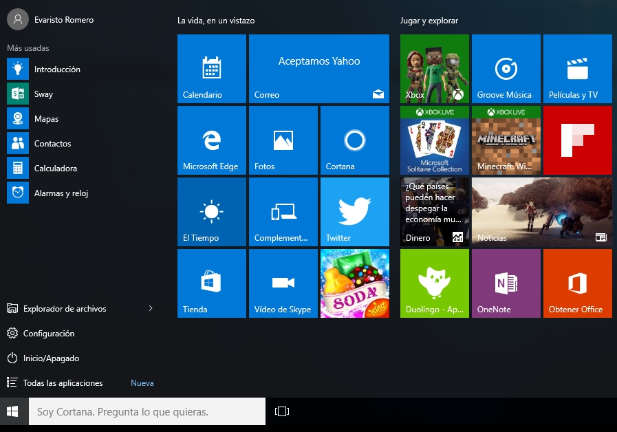 Vista del Menú de inicio de Windows 10.