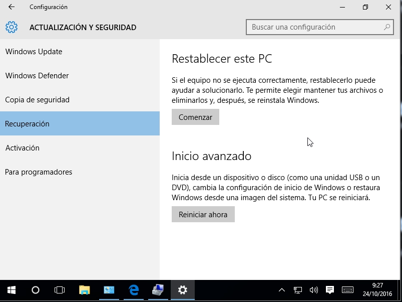 Muestra el interfaz de Windows 10 para acceder a sistema de recuperación.