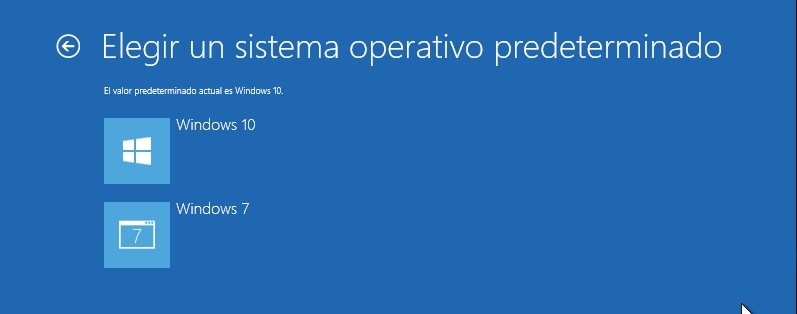 Muestra el interfaz de Windows 10 para seleccionar el Sistema Operativo predeterminado qué deseemos arrancar por defecto, siempre qúe sea de la familia de Microsoft.